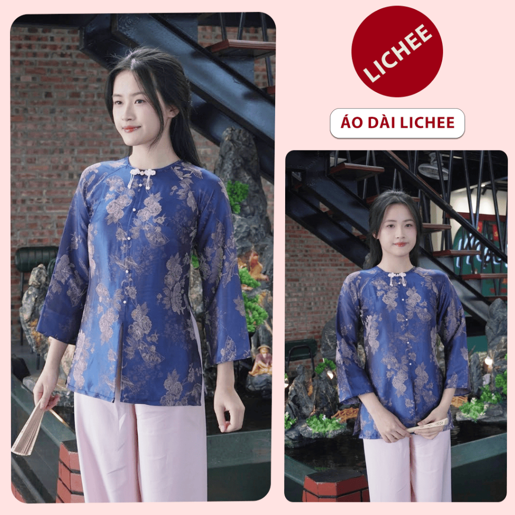 Bộ Đồ Lam Đi Lễ Chùa Nữ LICHEE Chất Gấm Hoa Sang Trọng Họa Tiết Hoa Chìm Tròn Tay Lỡ Thời Trang