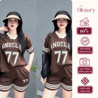 Set Quần Áo Nữ Số 77 Cổ Chữ V Phối Sọc Form Rộng Áo Cotton Quần Short Hack Dáng Phong Cách Hàn Quốc