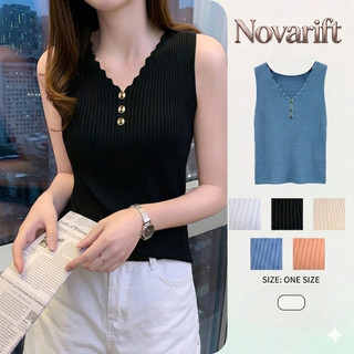 Nova-Áo Dệt Kim Sát Nách Dáng Rộng Cổ Chữ V Phối Nút Phía Trước Màu Sắc Xinh Xắn Cho Nữ
