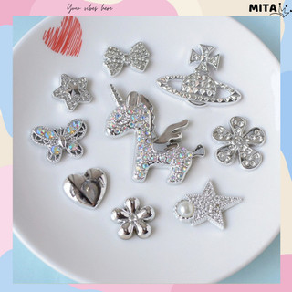 Bộ 10 Sticker, Charm 3D chủ đề Kỳ lân lấp lánh nhựa cứng gắn Dép Sục, Cá Sấu Mita JB-392