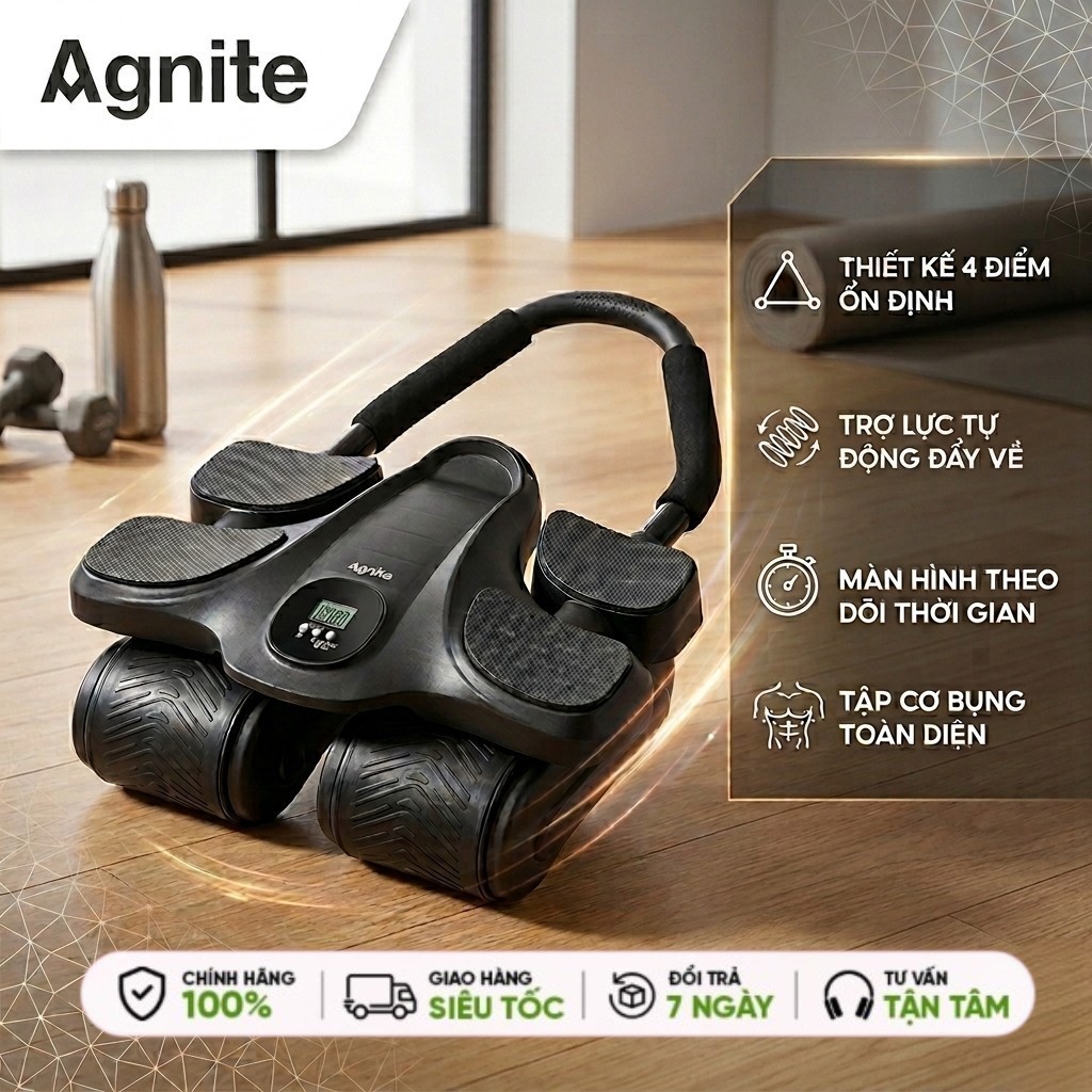 [TẶNG THẢM QUỲ GỐI] Con lăn Tập Cơ Bụng AGNITE Trợ Lực Thế Hệ Mới- Con lăn tập bụng 4 Bánh- Dụng Cụ Tập Gym Tại Nhà