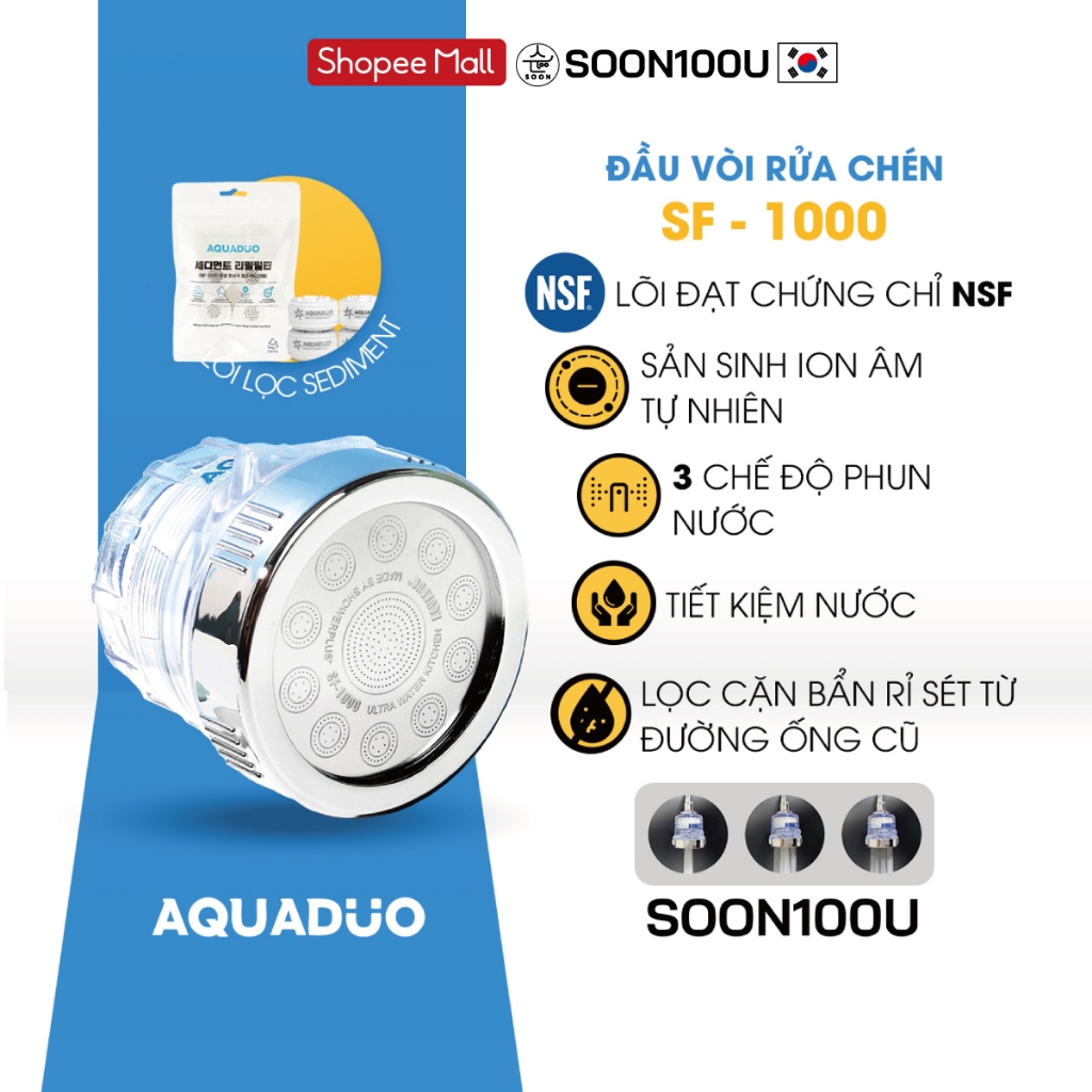 SF-1000 Vòi rửa chén (tăng áp, lọc nước), 4 Thanh lọc nước SOON100U (AQUADUO)