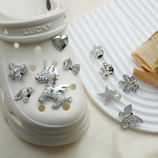 Bộ 10 Sticker, Charm 3D chủ đề Kỳ lân lấp lánh nhựa cứng gắn Dép Sục, Cá Sấu Mita JB-392