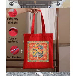 Túi tote canvas màu đỏ hình vẽ nghệ thuật Việt Nam - túi vải đeo vai có khóa tuid018z