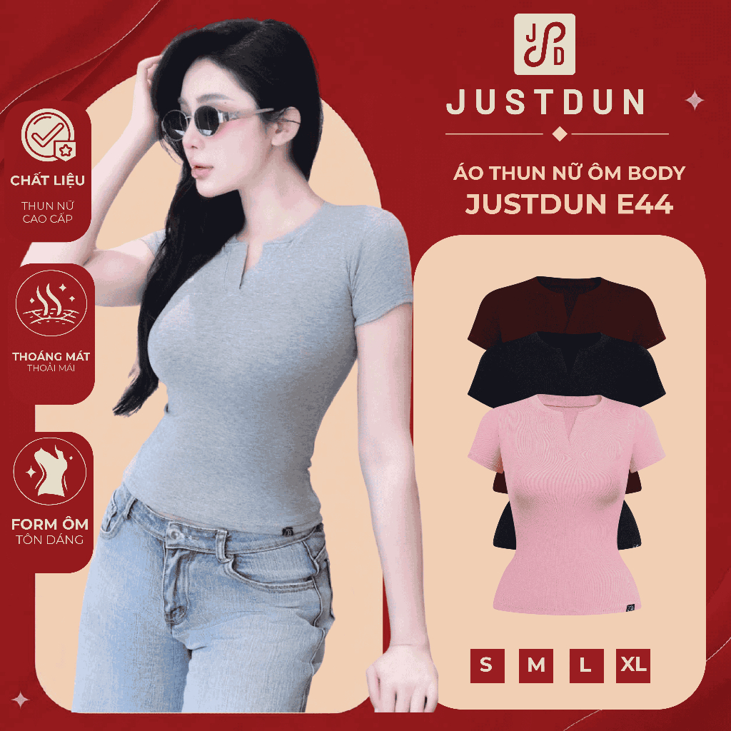 Áo Thun Nữ Ôm Body JUSTDUN E44 – Cổ Trụ Tàu Tay Ngắn, Vải Cotton Mềm Mịn Co Giãn 4 Chiều, Thoáng Mát