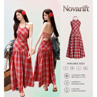 Nova-Đầm Hai Dây Cổ Yếm Dáng Dài Họa Tiết Caro Đỏ Phong Cách Thời Trang Mùa Hè Mới