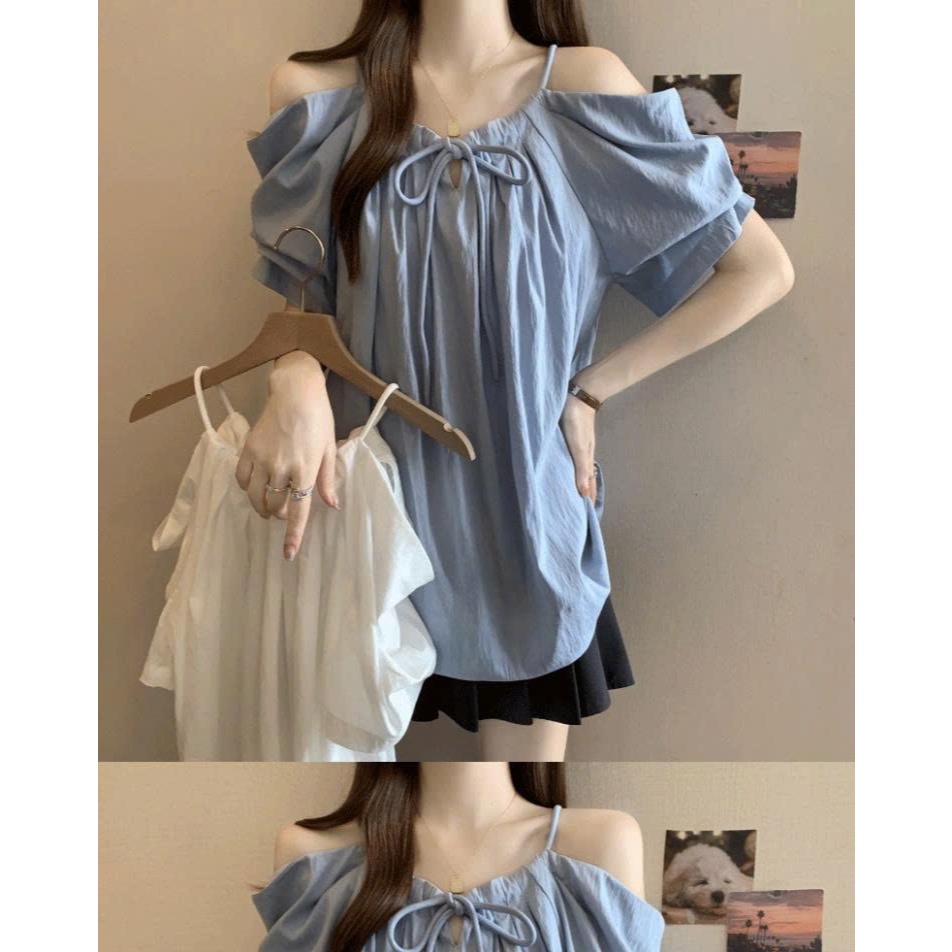 Áo Kiểu Nữ Hở Vai Hai Dây Phối Nơ, Áo Babydoll Dáng Rộng Tay Bồng Giấu Bụng Phong Cách Hàn Quốc Sang Chảnh Đi Chơi
