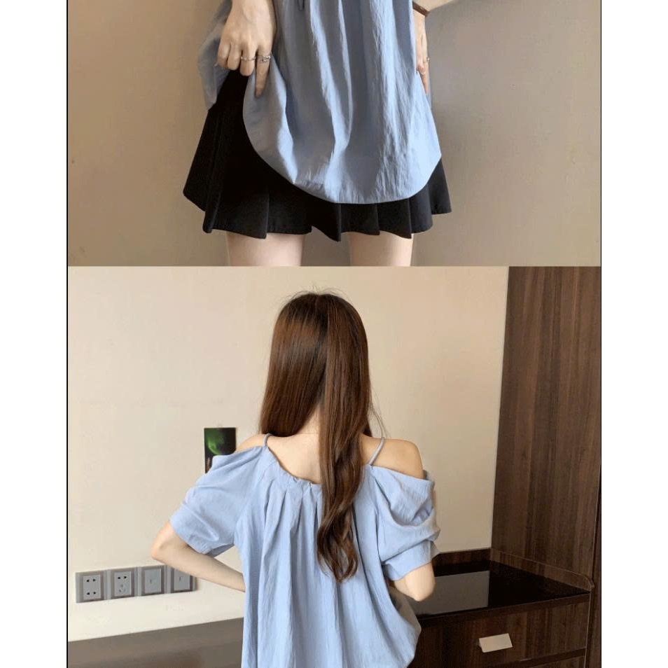 Áo Kiểu Nữ Hở Vai Hai Dây Phối Nơ, Áo Babydoll Dáng Rộng Tay Bồng Giấu Bụng Phong Cách Hàn Quốc Sang Chảnh Đi Chơi
