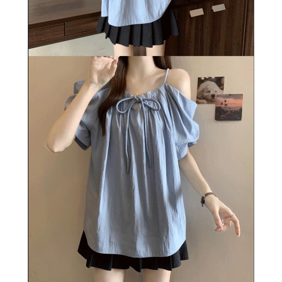 Áo Kiểu Nữ Hở Vai Hai Dây Phối Nơ, Áo Babydoll Dáng Rộng Tay Bồng Giấu Bụng Phong Cách Hàn Quốc Sang Chảnh Đi Chơi