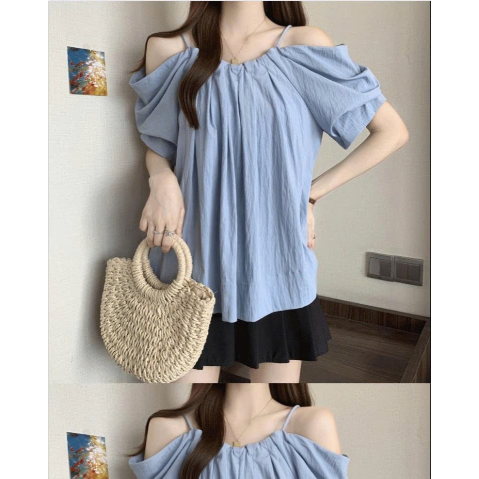 Áo Kiểu Nữ Hở Vai Hai Dây Phối Nơ, Áo Babydoll Dáng Rộng Tay Bồng Giấu Bụng Phong Cách Hàn Quốc Sang Chảnh Đi Chơi