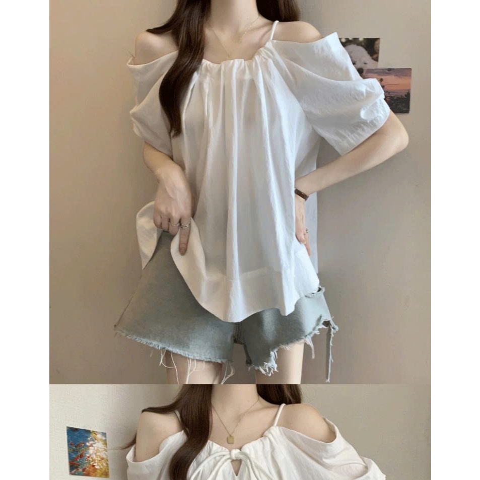 Áo Kiểu Nữ Hở Vai Hai Dây Phối Nơ, Áo Babydoll Dáng Rộng Tay Bồng Giấu Bụng Phong Cách Hàn Quốc Sang Chảnh Đi Chơi