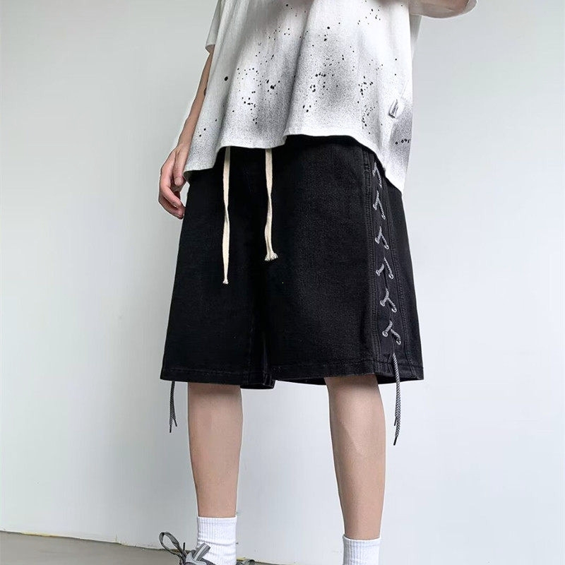 Quần short jean nam ống thẳng rộng phong cách American Streetwear có dây kéo bên giặt cũ cổ điển