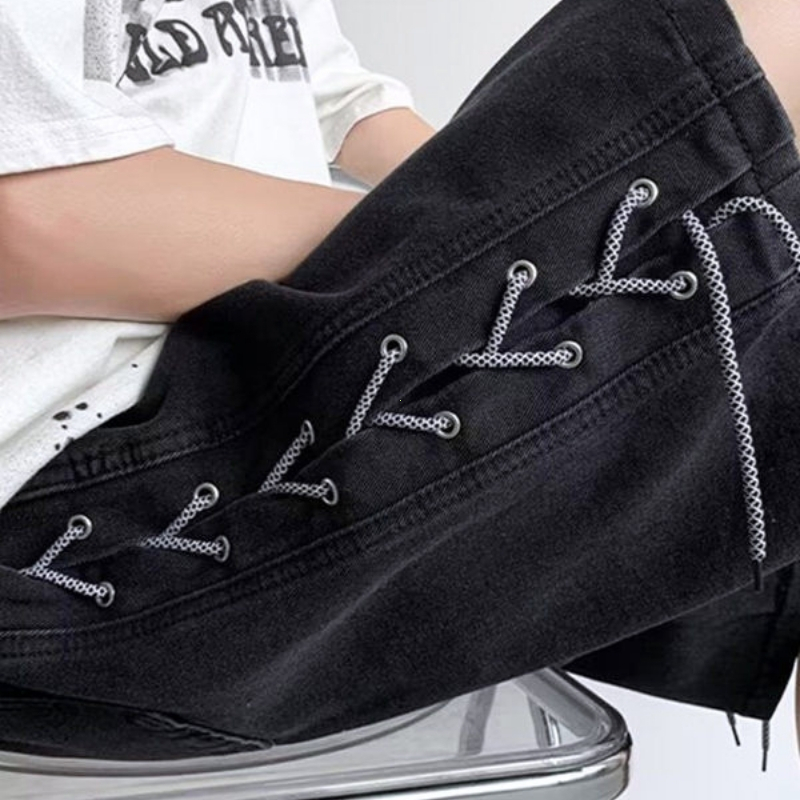 Quần short jean nam ống thẳng rộng phong cách American Streetwear có dây kéo bên giặt cũ cổ điển