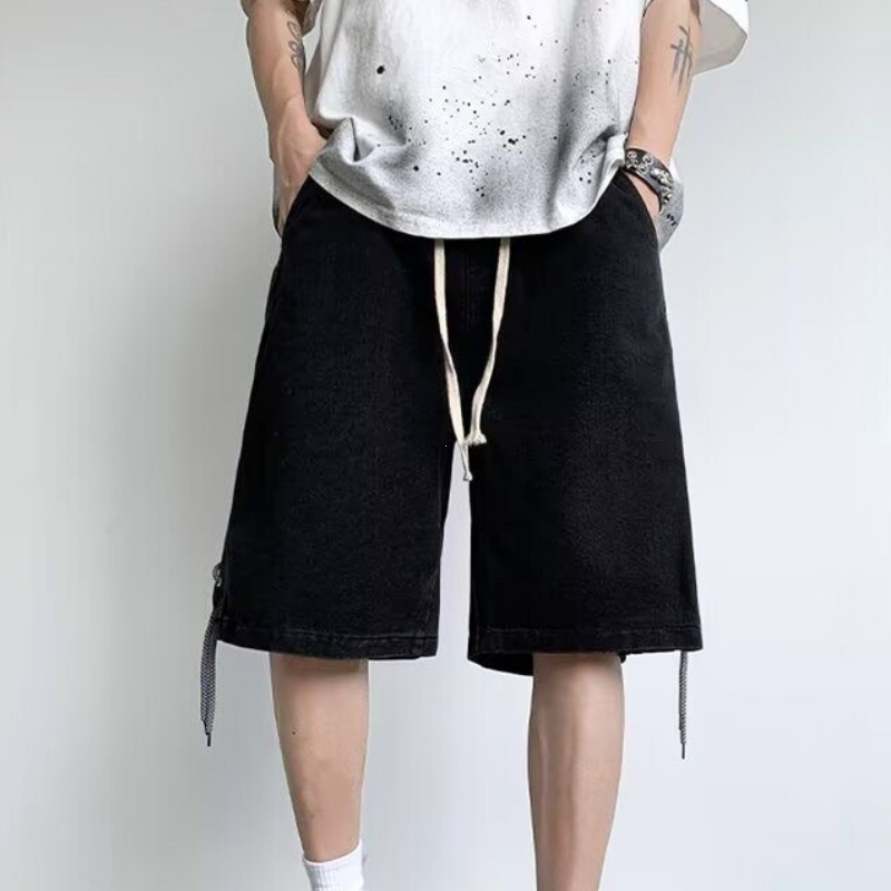 Quần short jean nam ống thẳng rộng phong cách American Streetwear có dây kéo bên giặt cũ cổ điển
