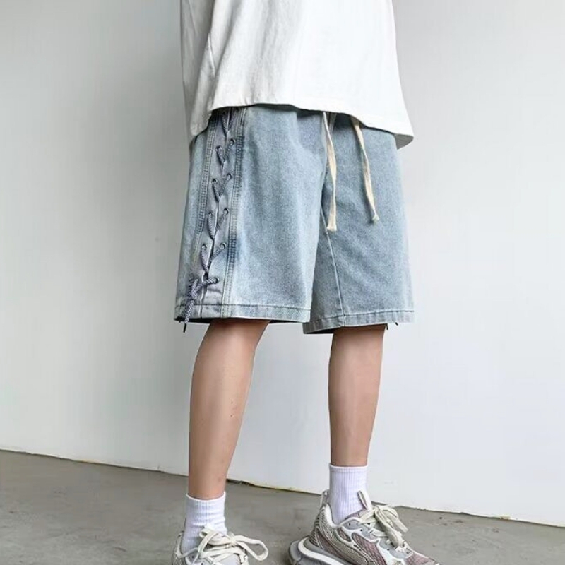 Quần short jean nam ống thẳng rộng phong cách American Streetwear có dây kéo bên giặt cũ cổ điển
