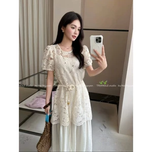 TRIANGLE - Rella Dress (Cân nhắc kỹ, đầm sáng màu QCCC không hoàn) Đầm ren ngắn tay cao cấp kèm belt style thanh lịch