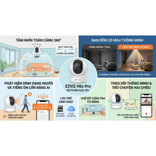 Camera EZVIZ H6C Pro 3MP quay quét báo động thông minh trong nhà, đàm thoại 2 chiều, có cổng LAN