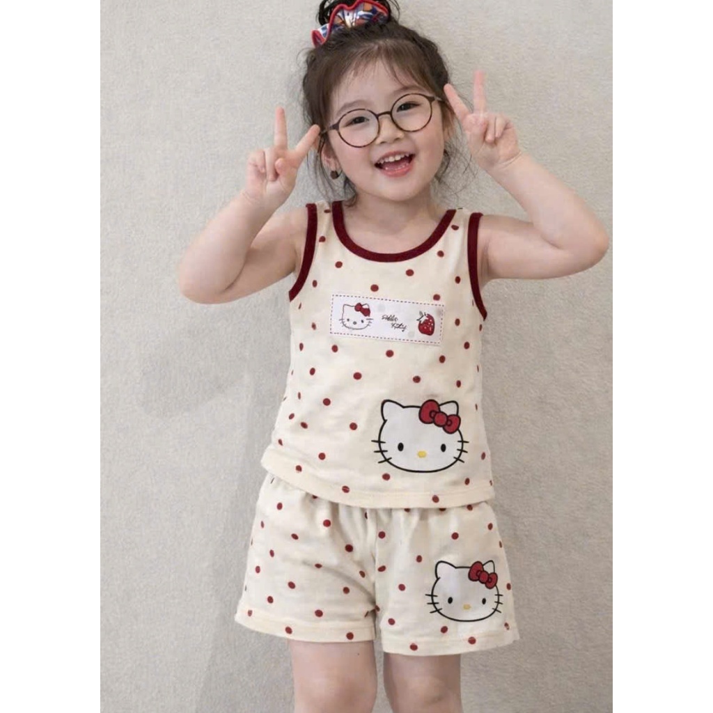 Sét Ba Lỗ Và 2 Dây Họa Tiết Kitty Chấm Bi Cho Bé Gái 9-35kg