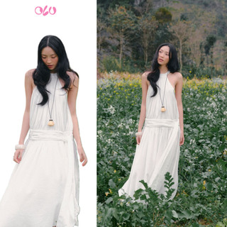 Váy maxi OLV cổ yếm nhún thanh lịch White Halter Gathered Maxi Dress