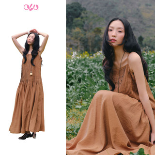 Đầm maxi OLV 2 dây nhún ly thanh lịch Brown Cotton Strappy Smocked Maxi Dress