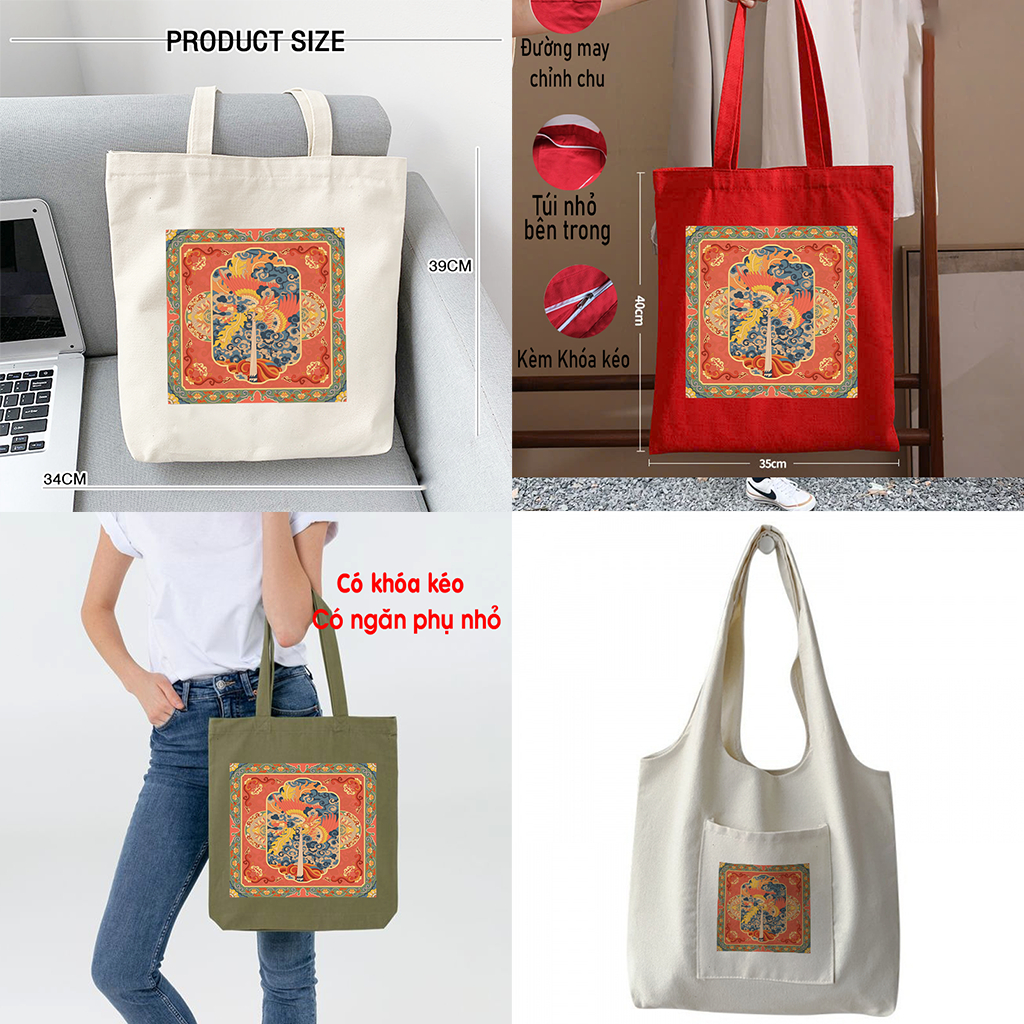 Túi tote canvas cac màu in hình nghệ thuật Việt Nam - túi vải đeo vai có khóa nhiều màu lựa chọn 018z