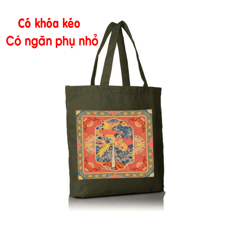 Túi tote canvas cac màu in hình nghệ thuật Việt Nam - túi vải đeo vai có khóa nhiều màu lựa chọn 018z