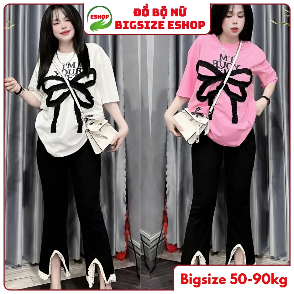 Đồ Bộ Nữ Bigsize 45-85kg Quần Dài Ống Loe Xẻ Tà Nơ Cạp Cao Thun Gân Áo Tay Ngắn ESHOP DB89