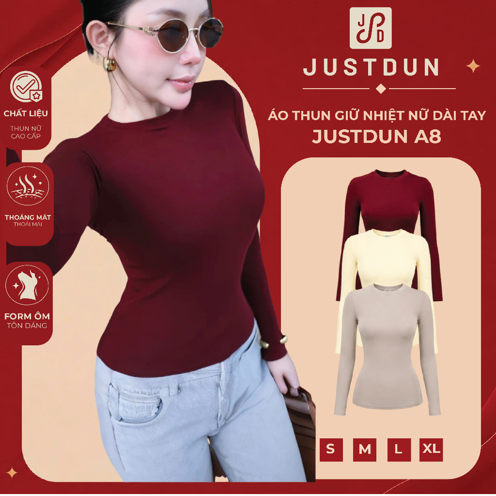 Áo Thun Giữ Nhiệt Nữ Dài Tay JUSTDUN A8 Cổ Tròn, Cotton Mịn Dày Dặn, Siêu Co Giãn Mềm Mại, Tôn Dáng ,Giữ Nhiệt