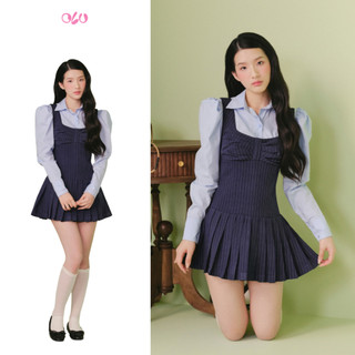 Đầm OLV hai dây bản lớn xếp ly Navy Cotton Striped Pinafore Pleated Mini Dress (Không kèm áo sơ mi)