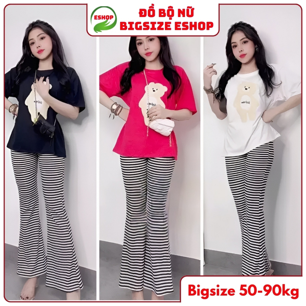 Đồ Bộ Nữ Quần Ống Loe Bigsize ESHOP DB35 – Set Bộ Thun Gân Cotton Co Giãn, Quần Cạp Cao Hack Dáng
