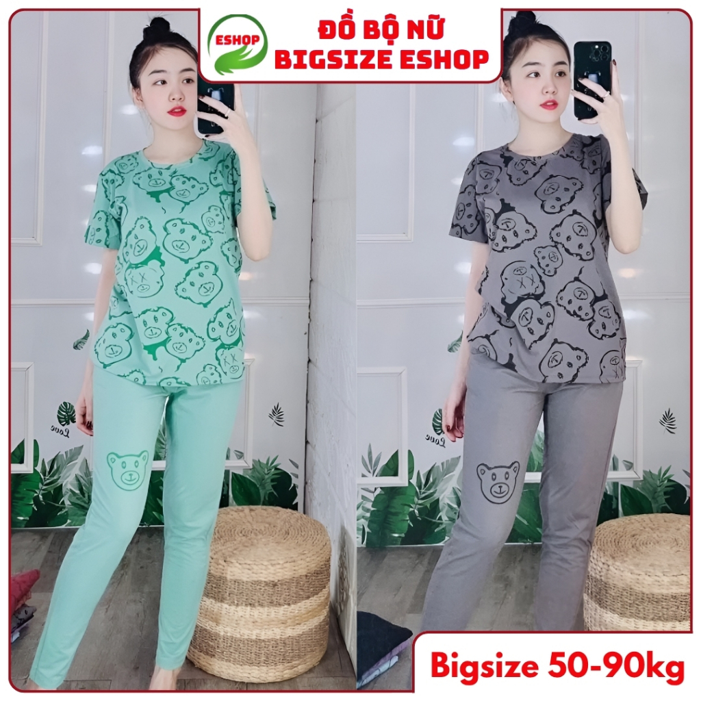Đồ Bộ Nữ Bigsize 43-85kg Thun Cotton Quần Dài In Gấu Dễ Thương Mặc Nhà Mùa Hè Trung Niên ESHOP DB17