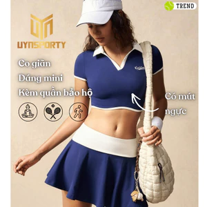 Đồ Tập Pickleball Nữ UYNSPORTY Áo Croptop In Chữ Tay Ngắn Phối Màu Kèm Chân Váy, Bộ Đồ Pickleball Nữ