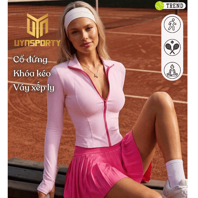 [Tặng Mút] Đồ Tập Pickleball Nữ UYNSPORTY Cổ Đứng Kéo Khóa, Dài Tay, Chân Váy Xếp Ly Có Túi, Bộ Đồ Pickleball Nữ