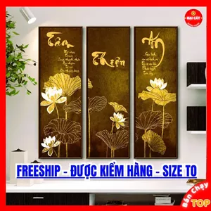Tranh Hoa Sen Thư Pháp Bộ 3 Bức Treo Phòng Thiền, Trà Đạo, Quán Chay Sang Trọng - Tranh Phật Giáo Bàn Tay Phật Cao Cấp