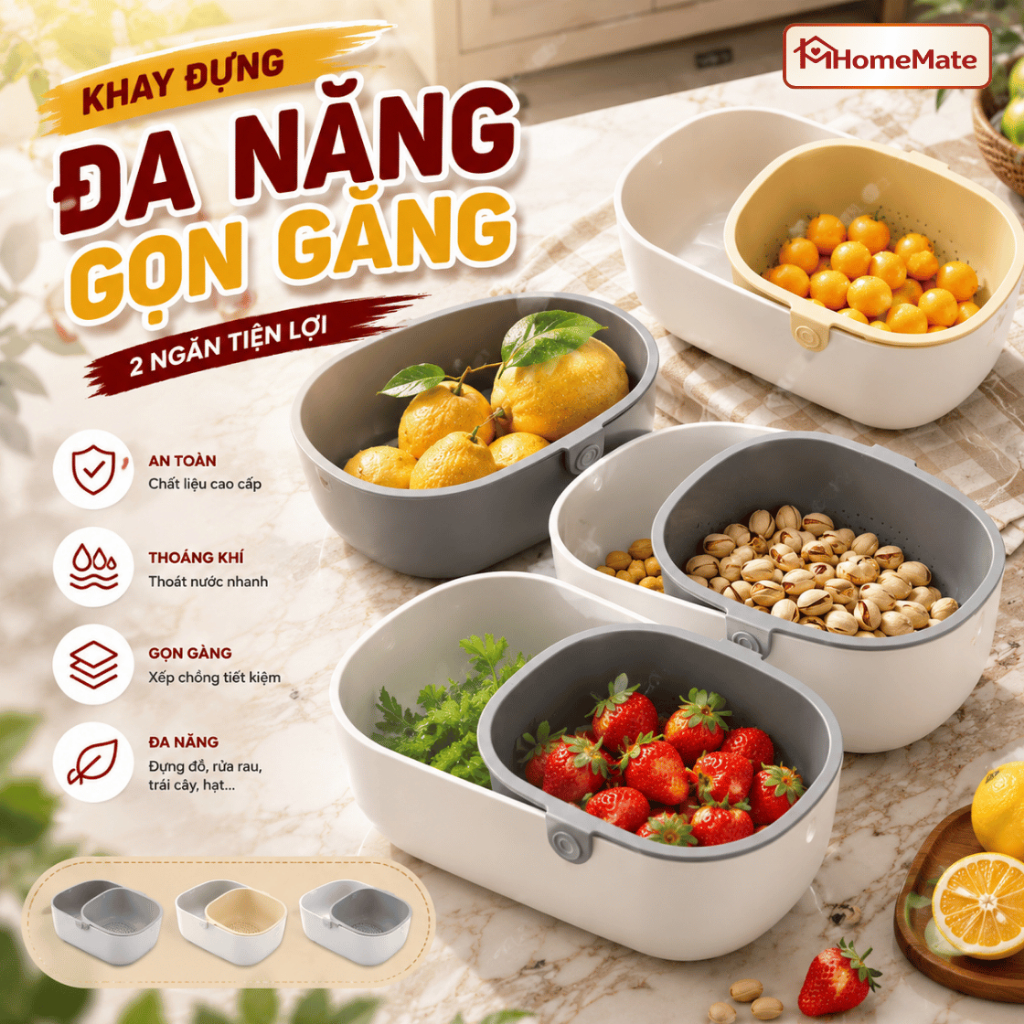 Hộp Đựng Đồ Ăn Vặt HomeMate 2 Tầng Có Lỗ Thoát Nước, Rổ Đựng Trái Cây Snack Thông Minh Nhỏ Gọn