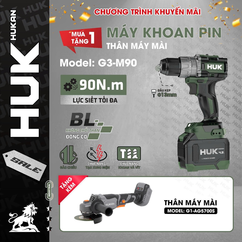 Máy Khoan Pin 3 Chức Năng HUKAN (GEN 3) G3-M90 | 13mm, Lực Siết 90N.m, Pin 4.5Ah-8C, Động Cơ Không Chổi Than