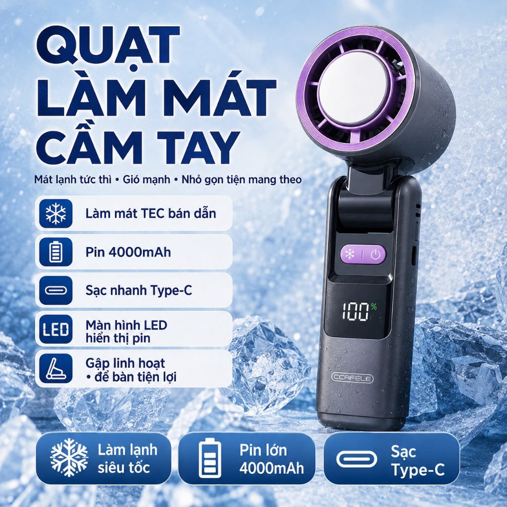 Quạt K801 Sò Lạnh Cao Cấp 2026 Lạnh Như Điều Hòa Mini - Pin Trâu 4000mAh - Có Đèn Pin Siêu Sáng - Tặng Kèm Dây Đeo