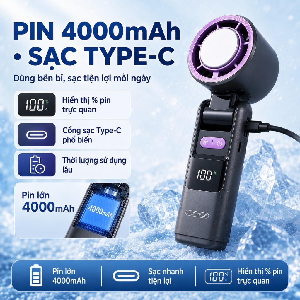 Quạt K801 Sò Lạnh Cao Cấp 2026 Lạnh Như Điều Hòa Mini - Pin Trâu 4000mAh - Có Đèn Pin Siêu Sáng - Tặng Kèm Dây Đeo