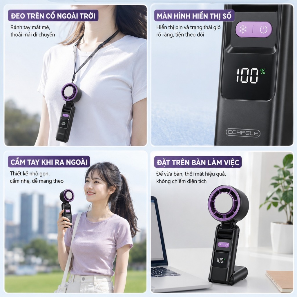 Quạt K801 Sò Lạnh Cao Cấp 2026 Lạnh Như Điều Hòa Mini - Pin Trâu 4000mAh - Có Đèn Pin Siêu Sáng - Tặng Kèm Dây Đeo