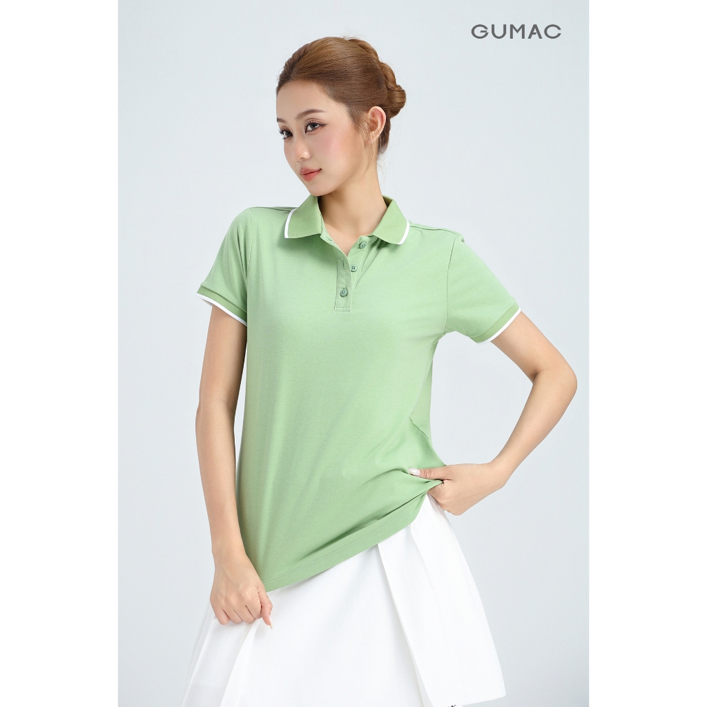 Áo Polo Nữ Form Suông GUMAC Cổ Phối Viền Chất Thun Cotton Mịn Thiết Kế Cơ Bản Dễ Phối Đồ PLE03028