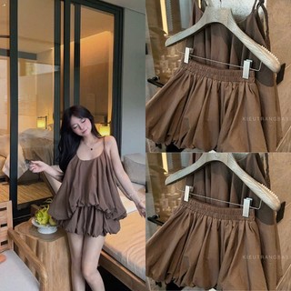 Váy lụa hai dây xếp ly phồng màu nâu trầm ấm