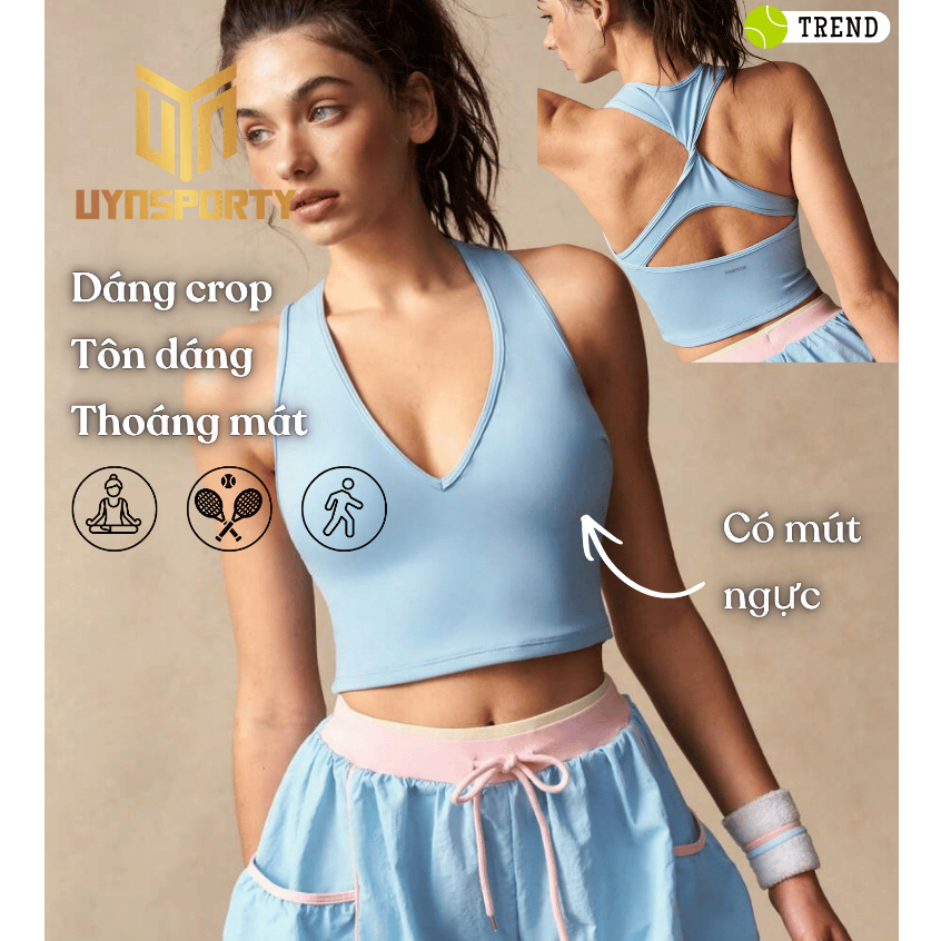 Áo Pickleball Nữ UYNSPORTY Dáng Croptop, Cổ V Sâu, Lưng Thắt Nơ, Co Giãn Cao, Ôm Dáng – Áo Pickleball , Áo Thể Thao Nữ