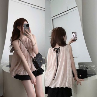 Áo sát nách cổ tròn bo thun xếp ly phồng xòe rộng dáng babydoll phối chân váy bí
