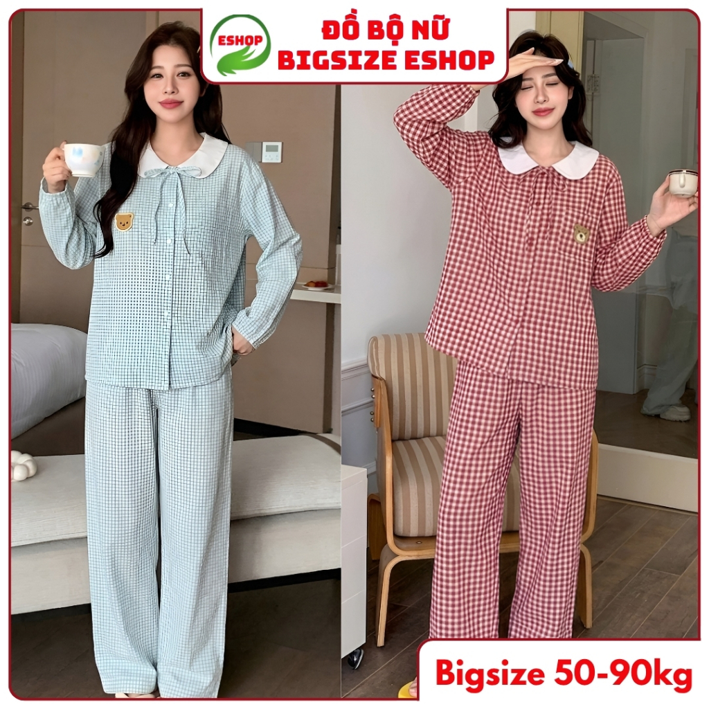 Bộ Pijama Nữ Tay Dài Big Size ESHOP Đồ Ngủ Tiểu Thư Kẻ Sọc Caro Cổ Bẻ Thêu Gấu Dễ Thương Chất Đũi MS511