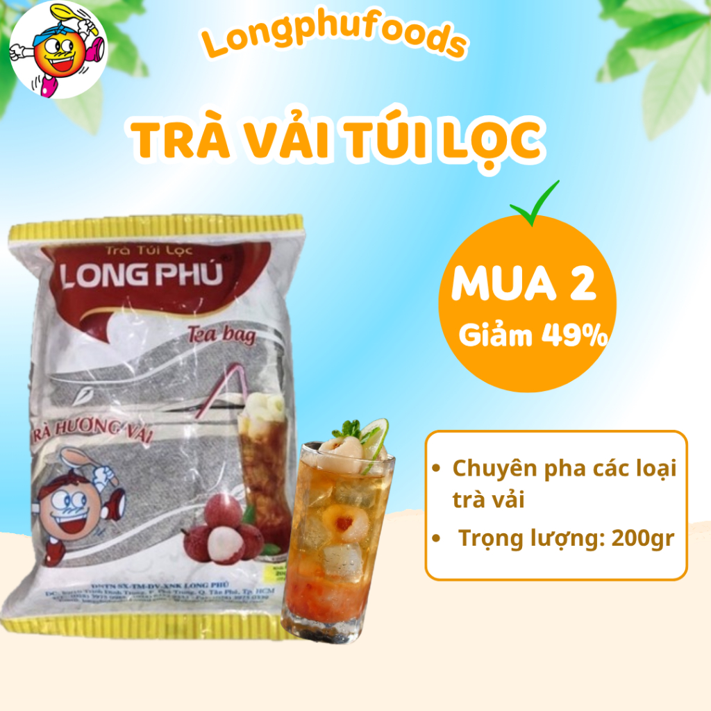 Trà Vải Túi Lọc LONG PHÚ Gói 200gr (20gr * 10 túi) - Đậm Vị, Thơm Lâu, Nguyên Liệu Trà Sữa, Trà Trái Cây.