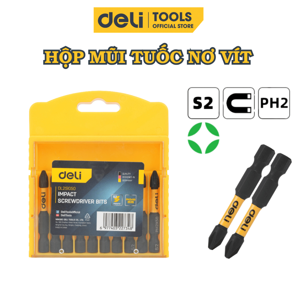 Bộ 2 Chiếc Mũi Tuốc Nơ Vít Deli Tools - PH2 Thép S2 Từ Tính, Bền Bỉ, Chuôi Cài Lục Giác Tiện Lợi