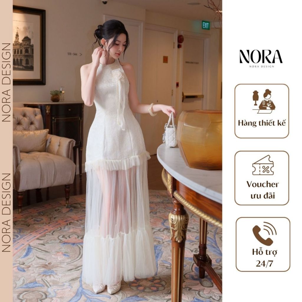 Đầm Maxi Gấm Siêu Xinh NORA, Thiết Kế Cổ Yếm, Chân Váy Phối Lưới Xếp Tầng Đính Hoa Sang Trọng T531