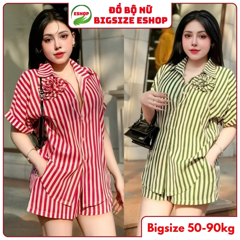 Set Đồ Xinh Bigsize 45-85kg Áo Sơ Mi Tay Ngắn Quần Đùi Có Túi ESHOP Set Bộ Đi Chơi Sang Chảnh A410