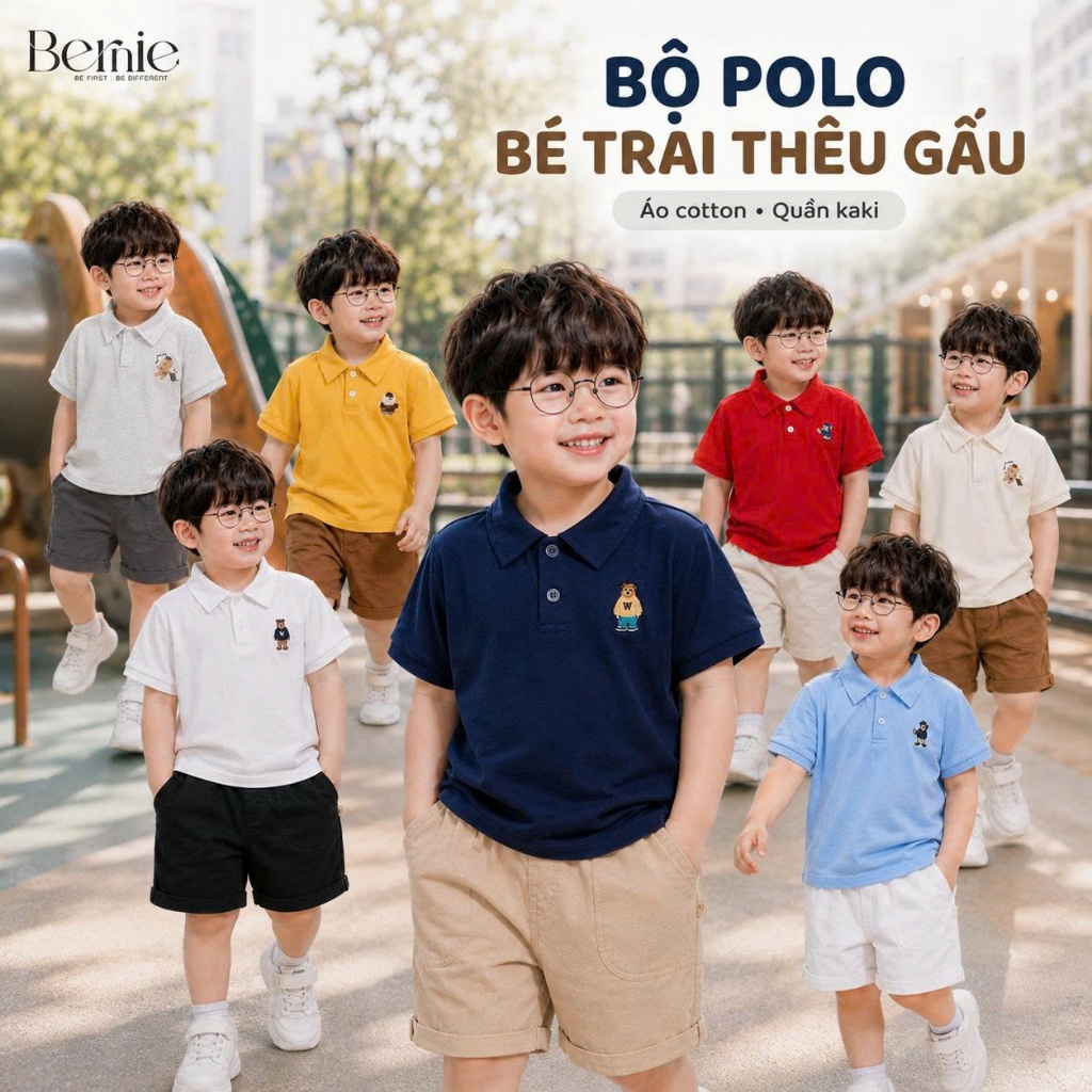 (Vải mềm mát) Bộ cộc tay bé trai Bernie - Bộ quần áo bé trai mùa hè áo polo thêu gấu quần kaki - 22B486 - H1025B58