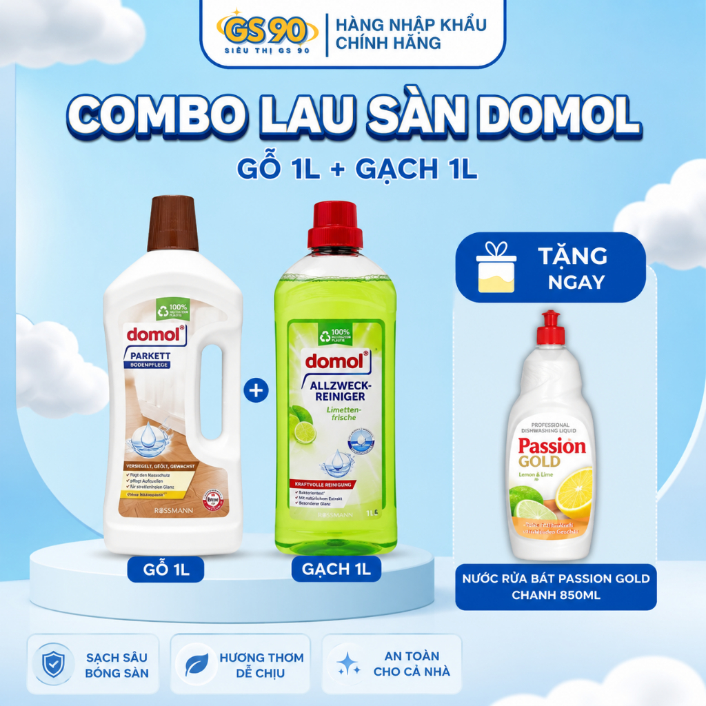 Nước lau sàn gỗ/gạch Domol 1L Đức siêu thơm lau sạch tạo độ sáng bóng cho sàn